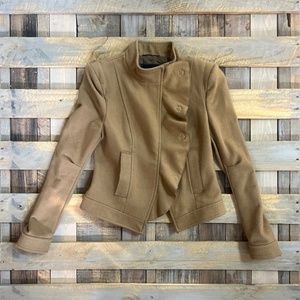 EUC 90s | BCBG | Camel Military Moto Coat | Asymmetric Cashmere + Wool  | Medium